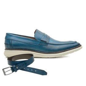 Sapato Casual Azul Scay em Couro + Cinto de Couro ... - MADOK