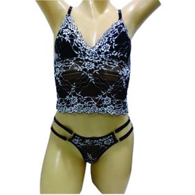 Conjunto Leila (ID1082) - Preto C/ Branco - lojasacaso.com.br Lingerie Sensual e Sex Shop