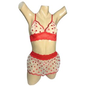 Conjunto Coração Com Sainha (ID1118)- - Amarelo c/ Vermelho - lojasacaso.com.br Lingerie Sensual e Sex Shop