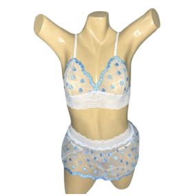 Conjunto Coração Com Sainha (ID1118)- - Branco c/ Azul - lojasacaso.com.br Lingerie Sensual e Sex Shop
