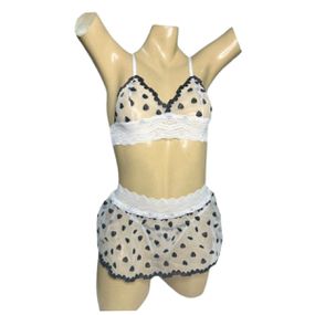 Conjunto Coração Com Sainha (ID1118)- - Branco c/ Preto - lojasacaso.com.br Lingerie Sensual e Sex Shop