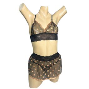 Conjunto Coração Com Sainha (ID1118)- - Preto c/ Bege - lojasacaso.com.br Lingerie Sensual e Sex Shop