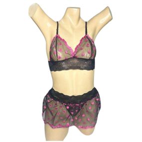 Conjunto Coração Com Sainha (ID1118)- - Preto c/ Pink - lojasacaso.com.br Lingerie Sensual e Sex Shop