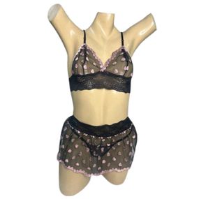 Conjunto Coração Com Sainha (ID1118)- - Preto c/ Rosa - lojasacaso.com.br Lingerie Sensual e Sex Shop