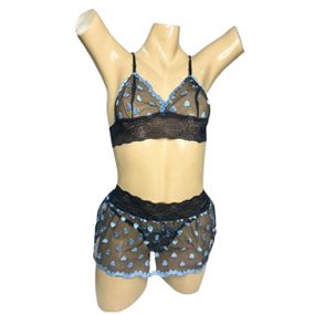 Conjunto Coração Com Sainha (ID1118)- - Preto c/ Azul - lojasacaso.com.br Lingerie Sensual e Sex Shop