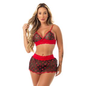 Conjunto Coração Com Sainha (ID1118)- - Vermelho c/ Preto - lojasacaso.com.br Lingerie Sensual e Sex Shop