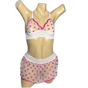 Conjunto Coração Com Sainha (ID1118)- - Branco c/ Rosa - Pura audácia Sex Shop discreta em BH