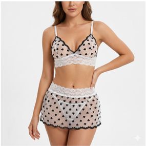 Conjunto Coração Com Sainha (ID1118) - Branco c/ Preto - Tabuê Sex shop atacado - Produtos eróticos com preços de fábrica.