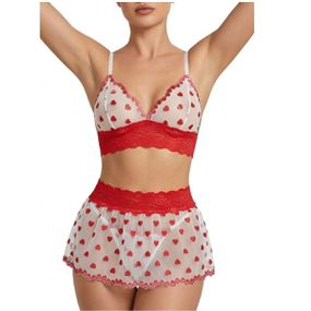 Conjunto Coração Com Sainha (ID1118) - Branco c/ Vermelho - Tabuê Sex shop atacado - Produtos eróticos com preços de fábrica.