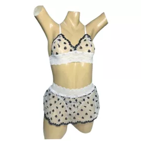 Conjunto Coração Com Sainha (ID1118) - Branco c/ Preto - lojasacaso.com.br Lingerie Sensual e Sex Shop