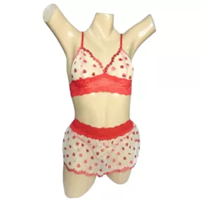 Conjunto Coração Com Sainha (ID1118) - Branco c/ Vermelho - lojasacaso.com.br Lingerie Sensual e Sex Shop