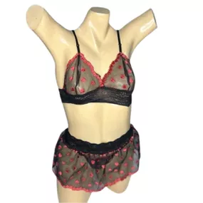 Conjunto Coração Com Sainha (ID1118) - Preto c/ Vermelho - lojasacaso.com.br Lingerie Sensual e Sex Shop