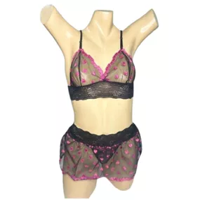 Conjunto Coração Com Sainha (ID1118) - Preto c/ Pink - lojasacaso.com.br Lingerie Sensual e Sex Shop