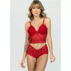 Conjunto Cropped Calesson (DR4518) - Vermelho - lojasacaso.com.br Lingerie Sensual e Sex Shop
