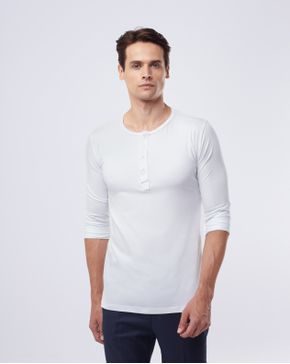 Camisa Henley Manga Longa Branca - Algodão Egípcio