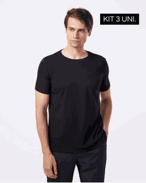 KIT 3 Camisetas Gola Redonda Preta - Algodão Egípcio 