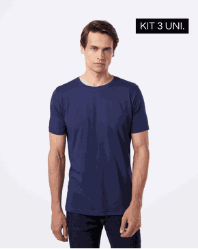 KIT 3 Camisetas Gola Redonda Azul - Algodão Egípcio 
