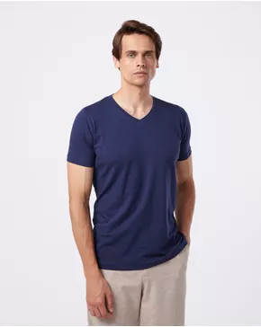 Camiseta Gola V Manga Curta Azul - Algodão Egípcio