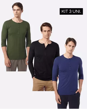 KIT 3 Camisas Henley azul, preta e verde - Algodão Egípcio 