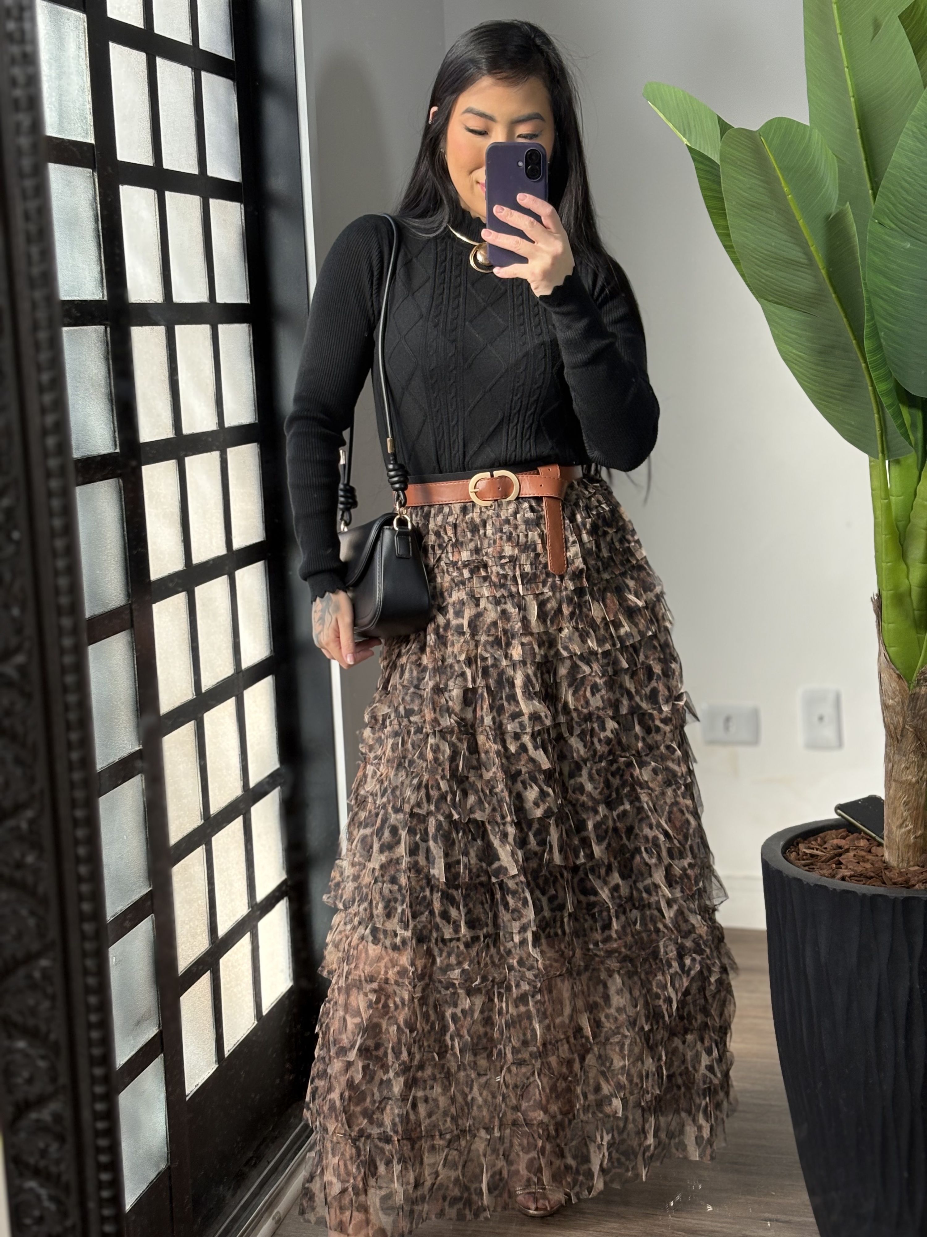 Saia tule animal print Dandara 3260- Marrom 