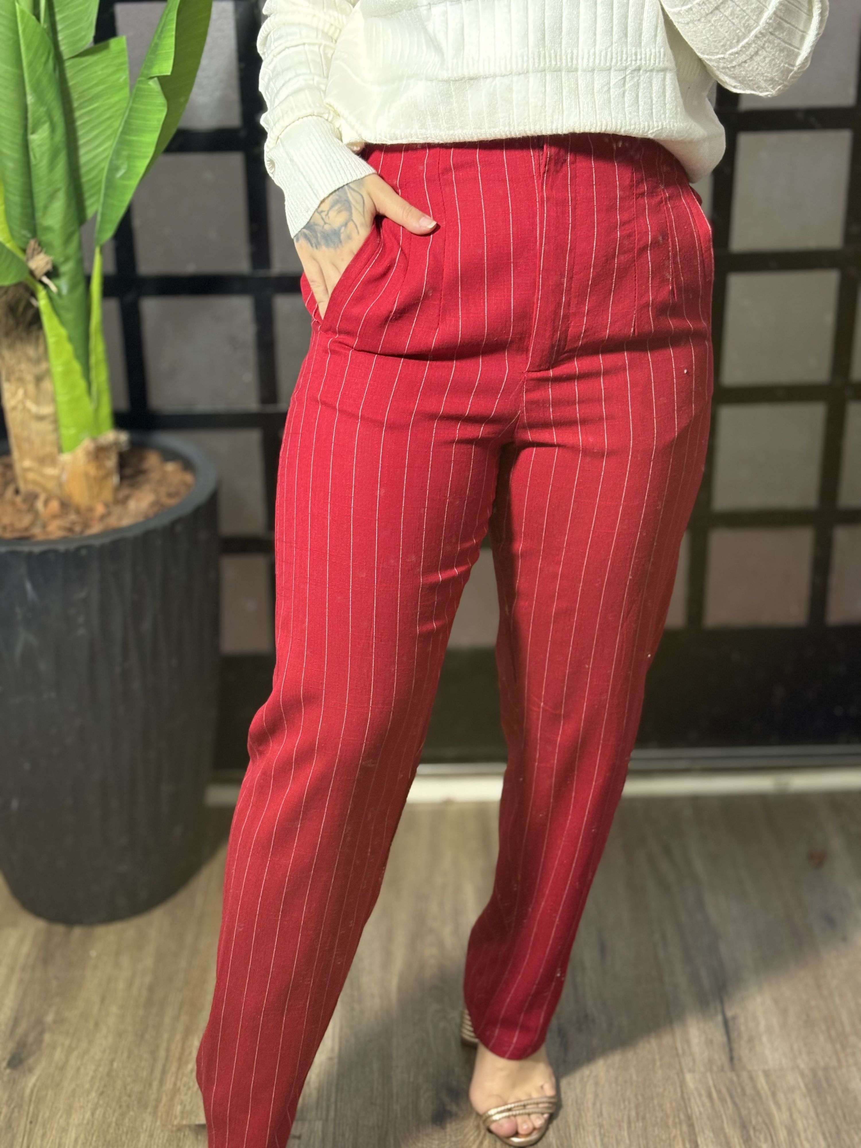 Calça linho risca de giz Simaria 1517- Vermelho