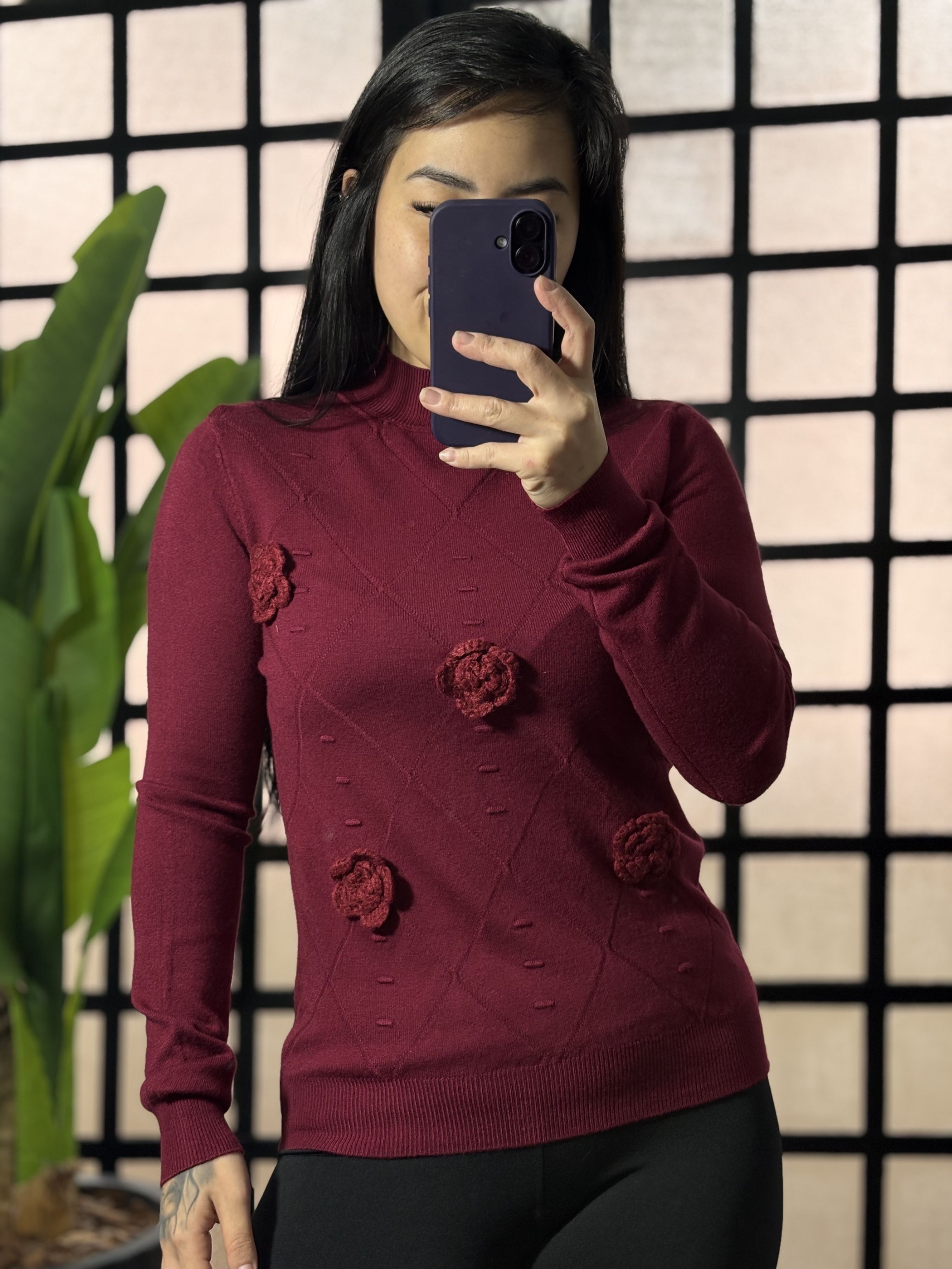 Blusa Trico flor Jasmin 1617- Vinho