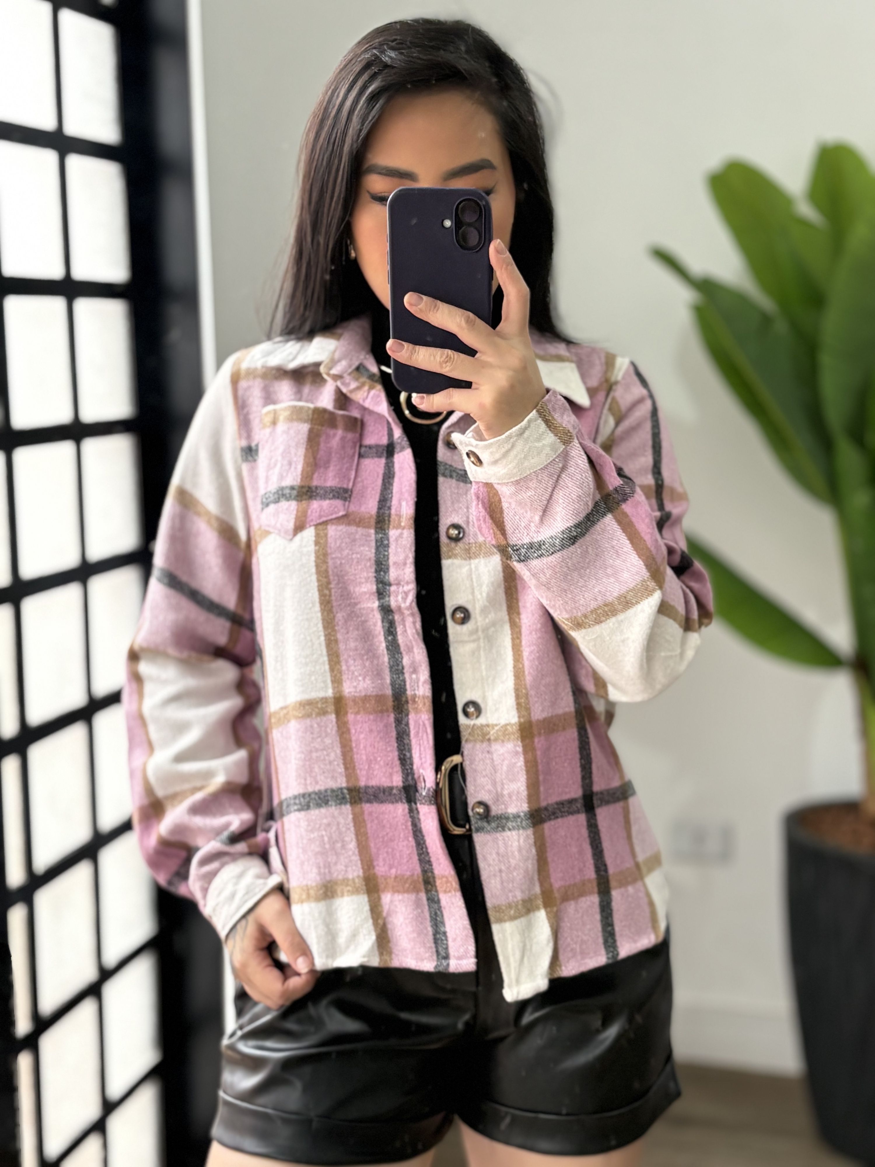 Camisa tipo lã batida xadrez 3203- Rosa 