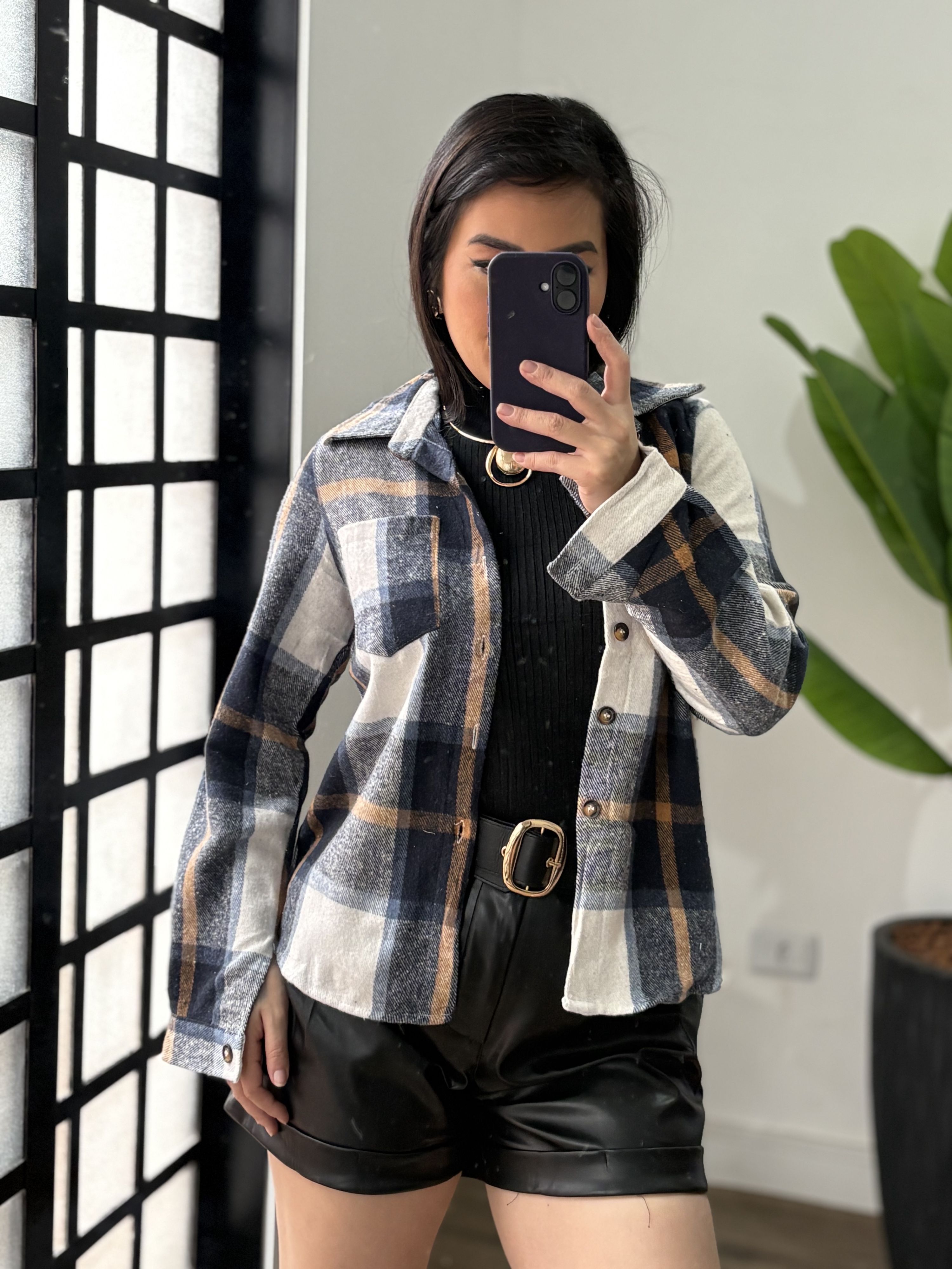 Camisa tipo lã batida xadrez 3203 - Azul escuro 