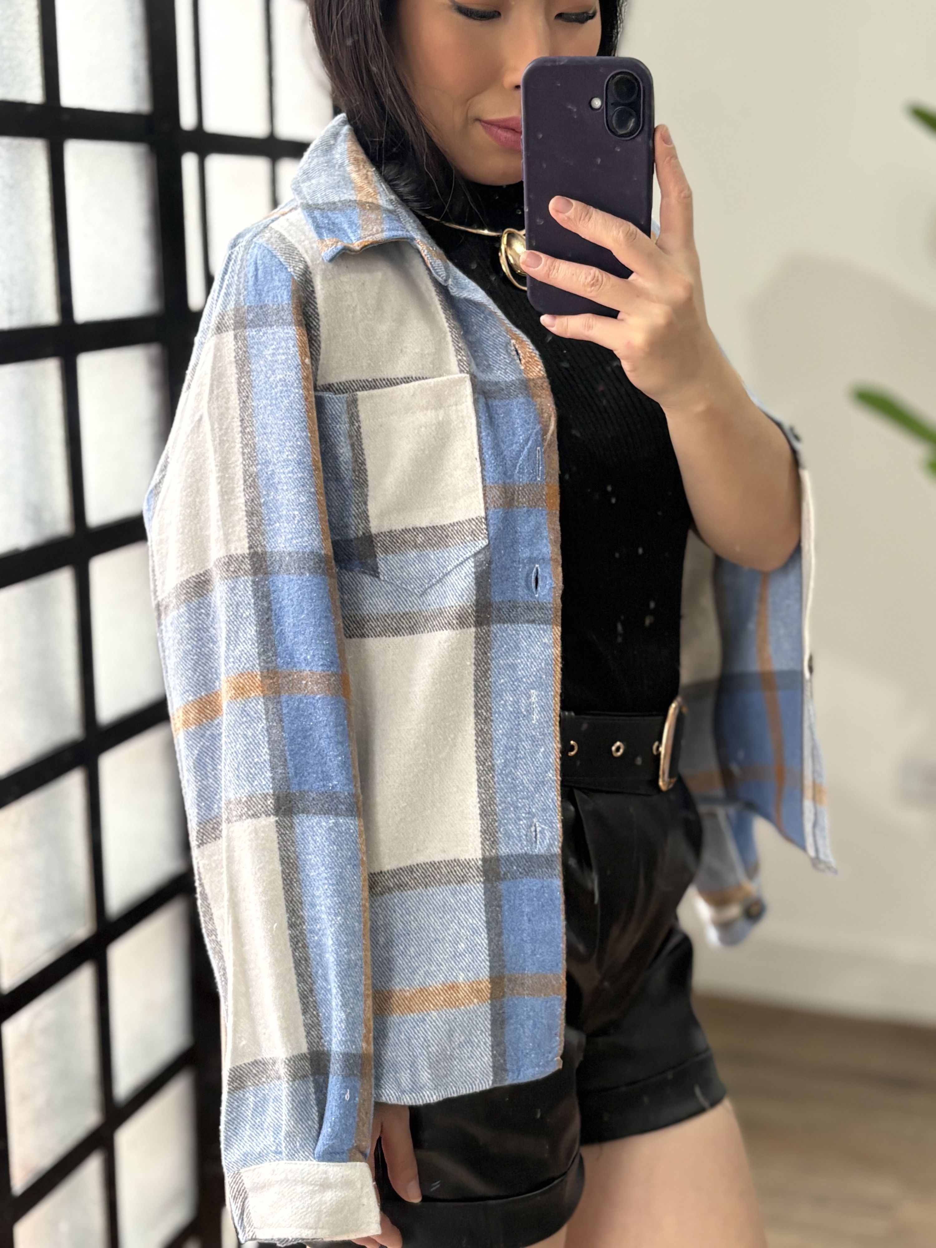 Camisa tipo lã batida xadrez 3203- Azul claro 
