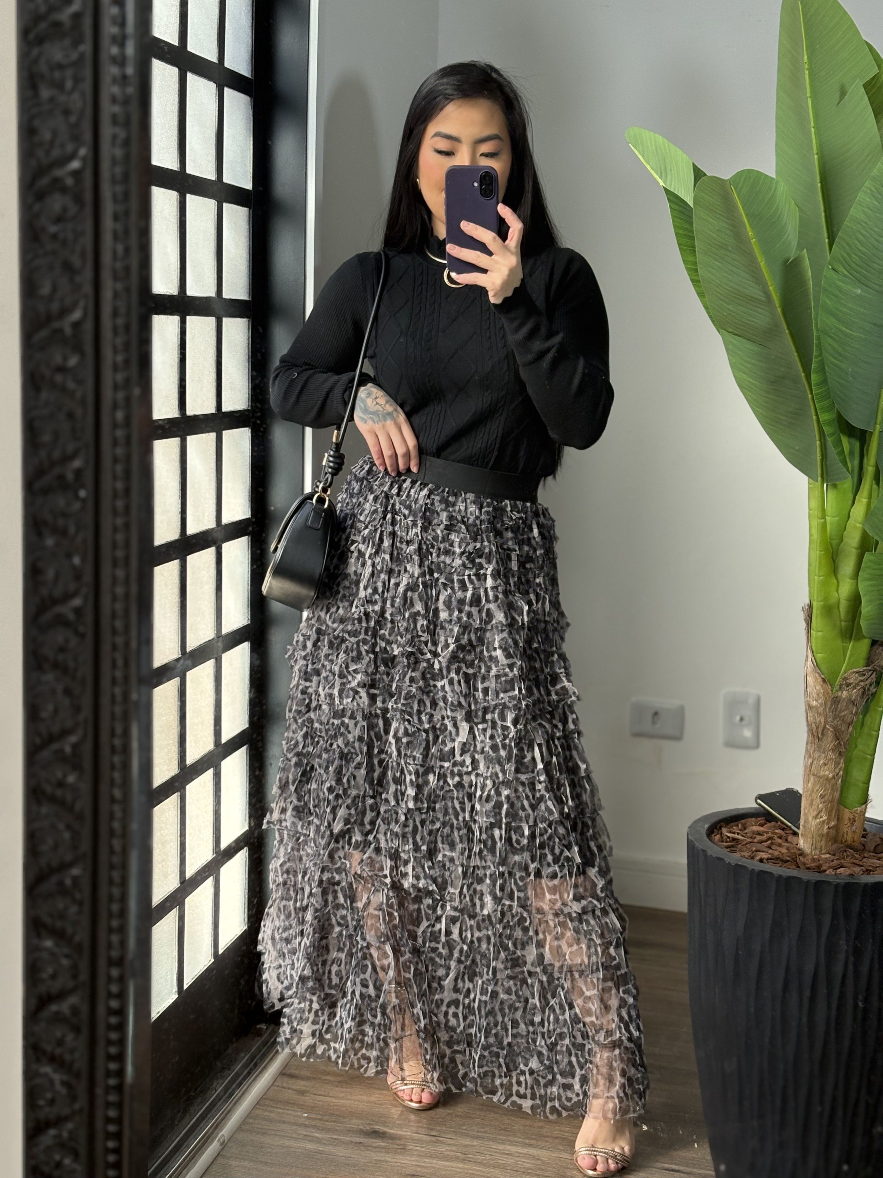 Saia tule animal print Dandara 3260 - Preto 