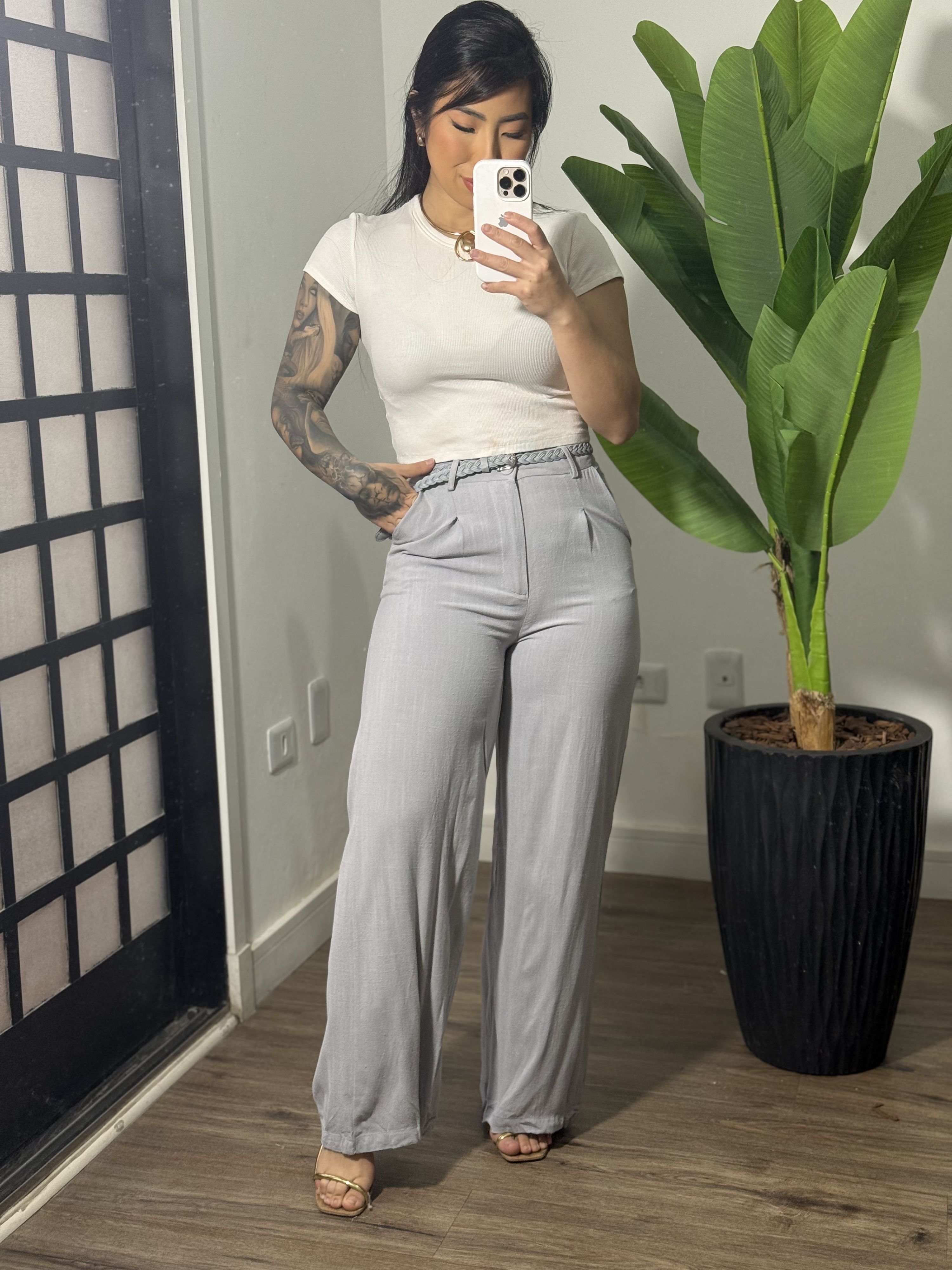 Calça linho com cinto trançado 7036 - cinza 