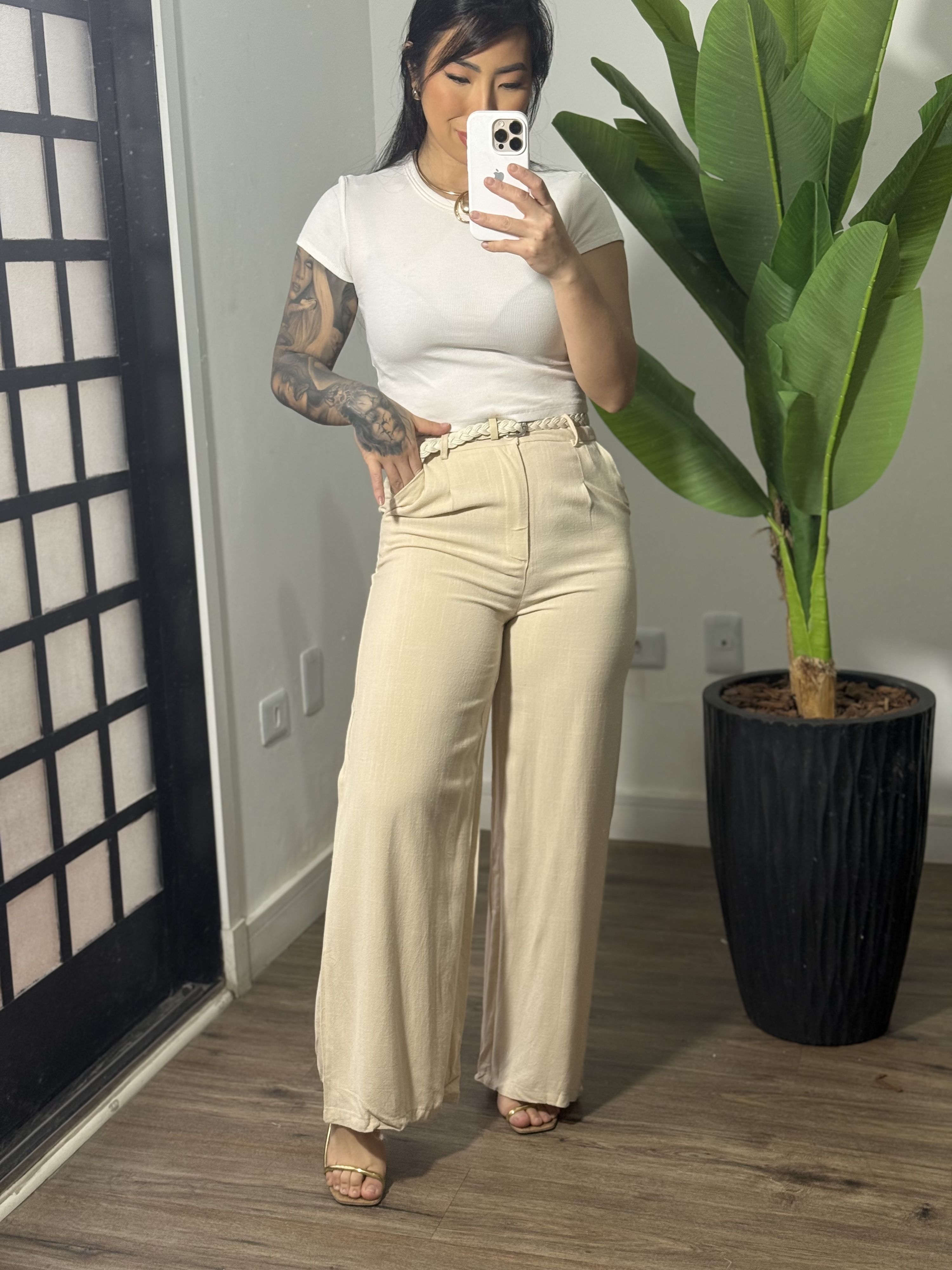 Calça com cinto trançado 7036 - Bege 