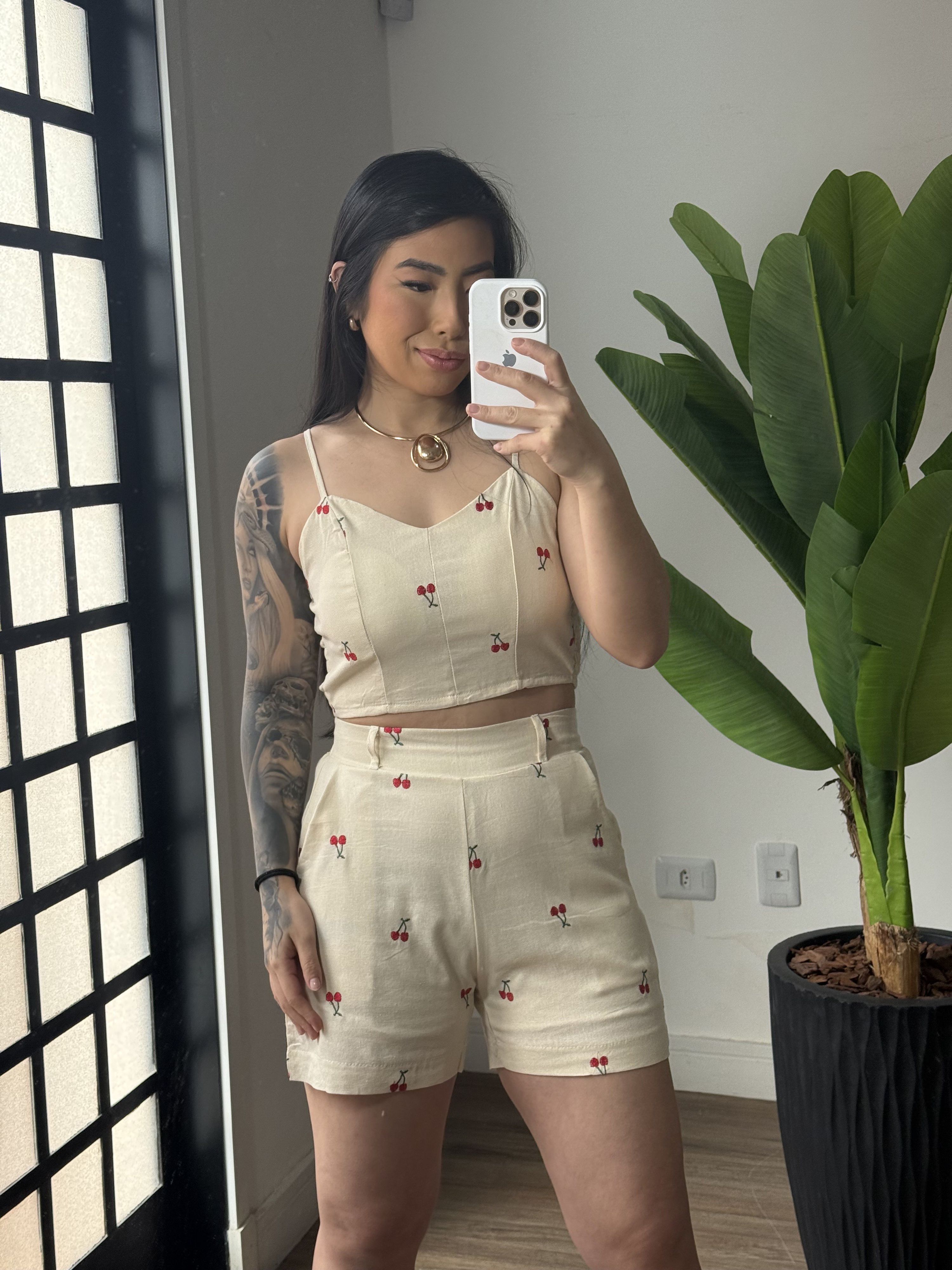 Conjunto shorts Cereja 2472-1 - Bege 