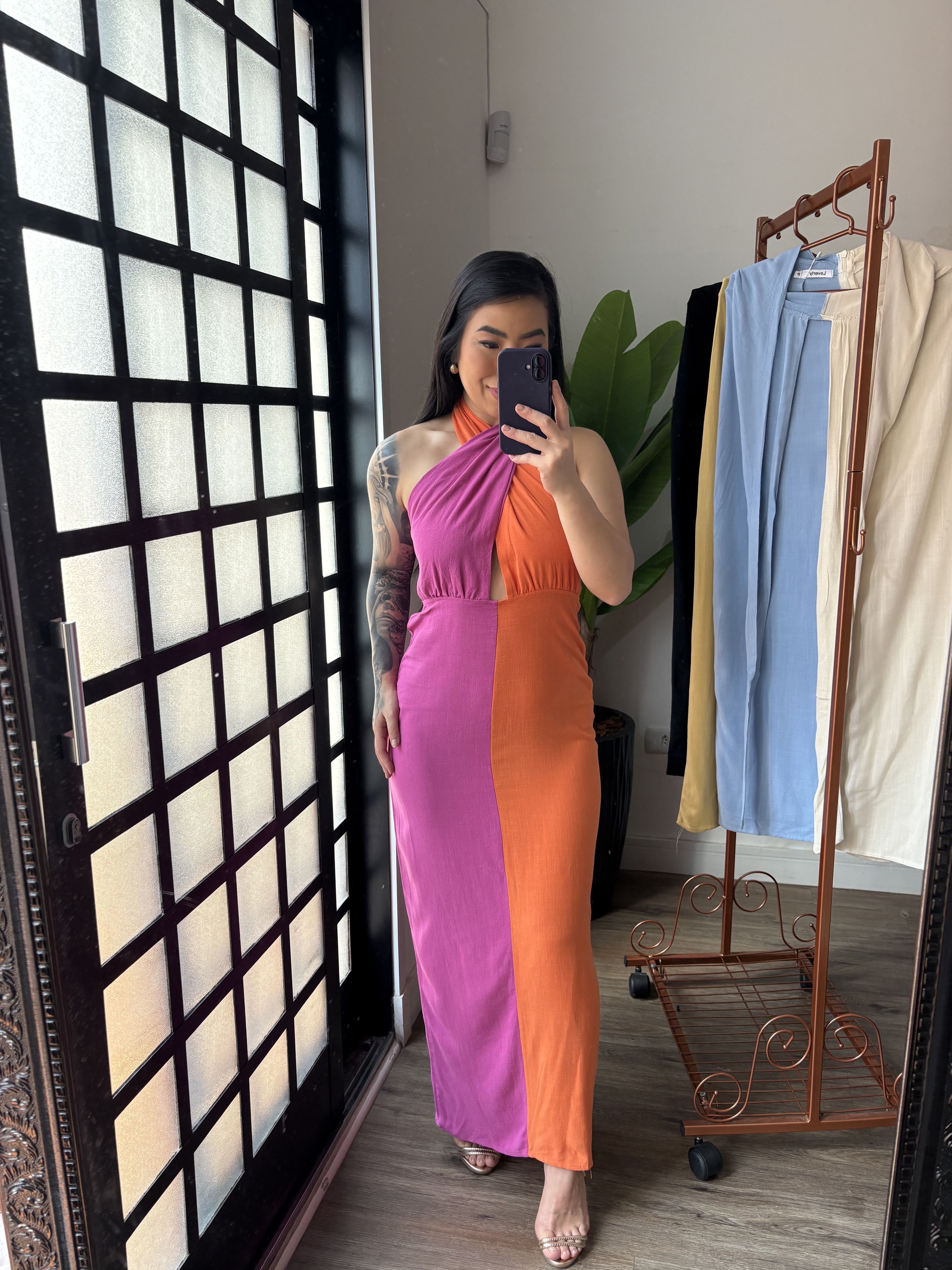 Vestido Linho Bicolor 2813 - Rosa com Laranja 