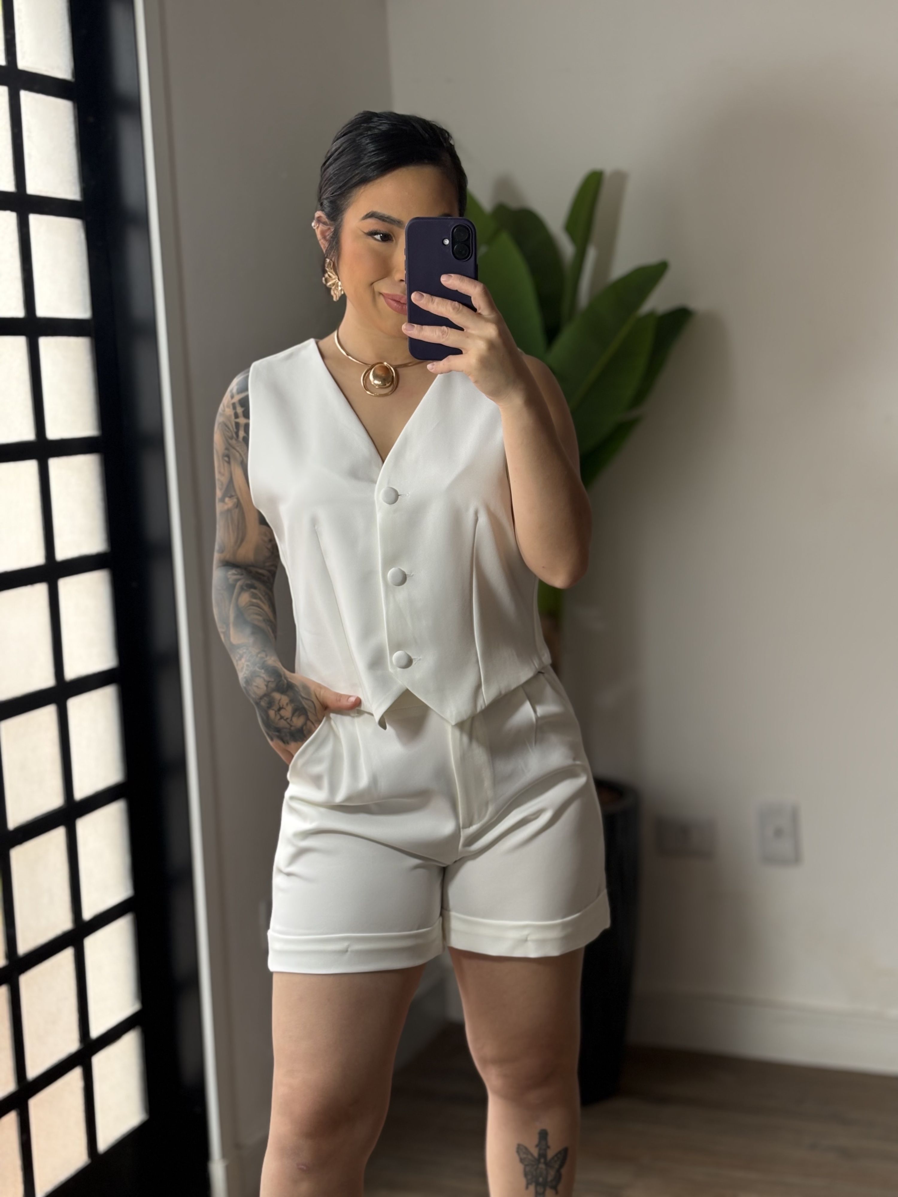 Conjunto Shorts Alfaiataria Dália 86 - Branco 