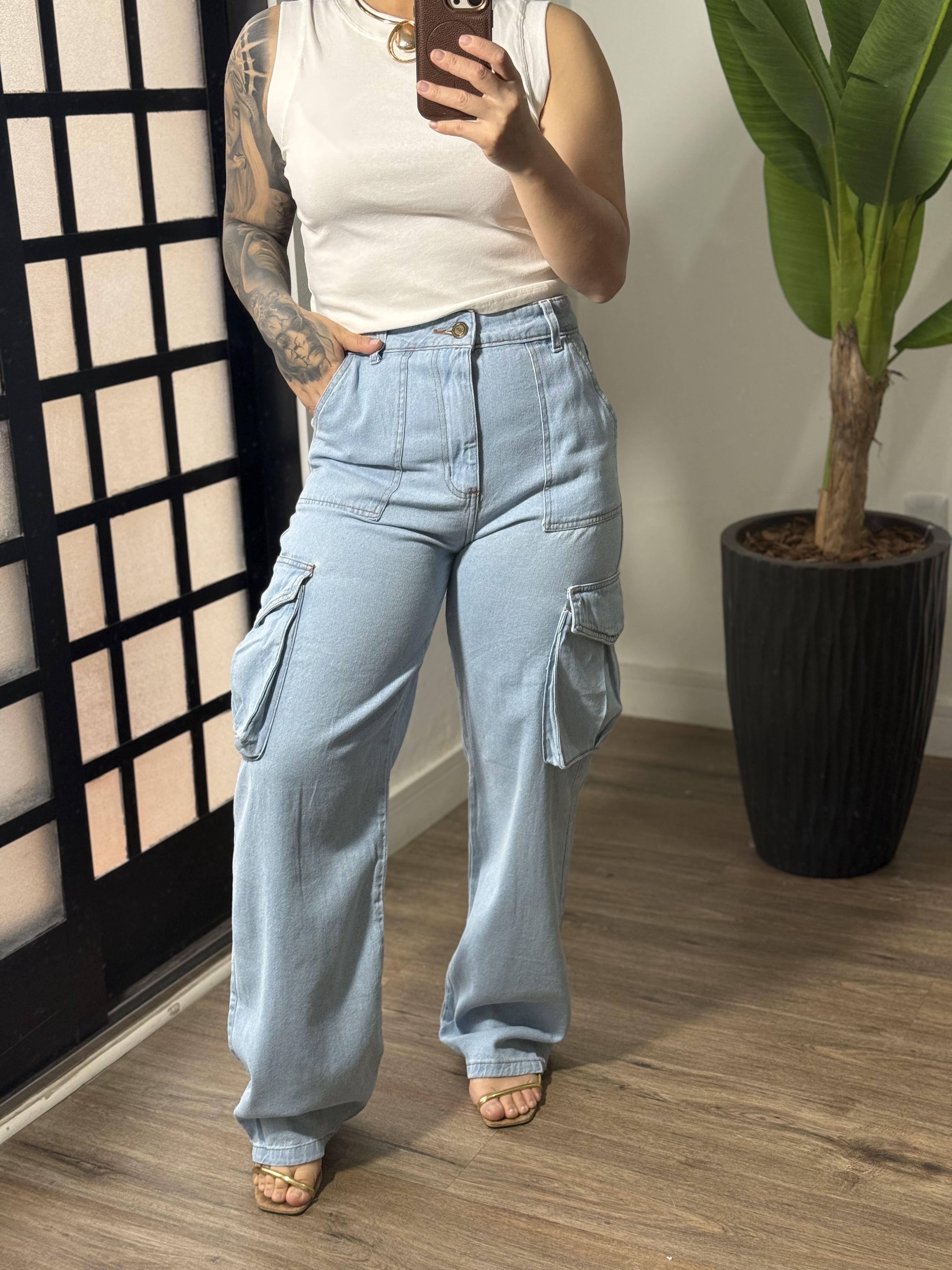 Calça Wide Leg Cargo P8565 - Azul Claro