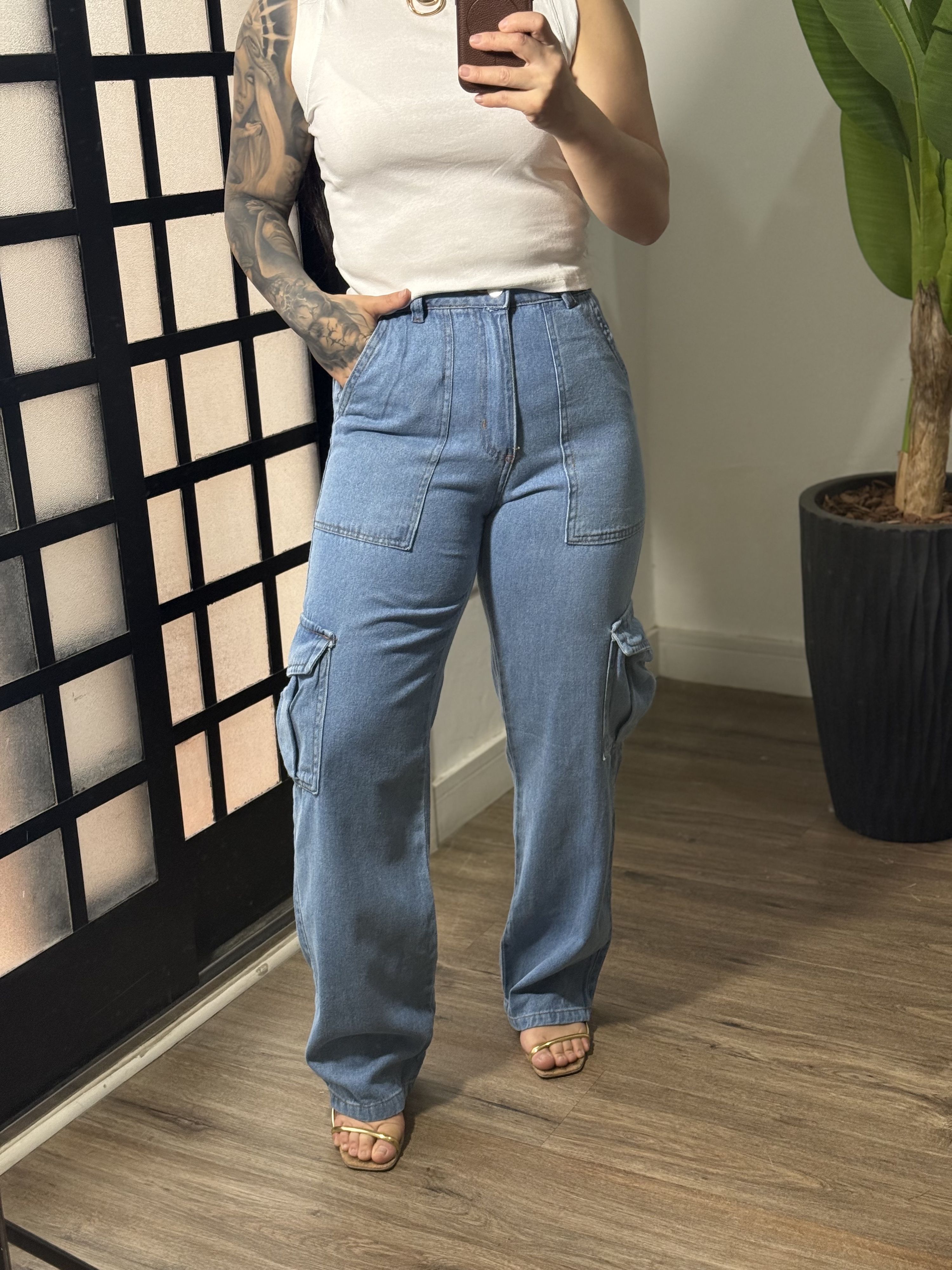 Calça Wide Leg Cargo P8565 - Azul 