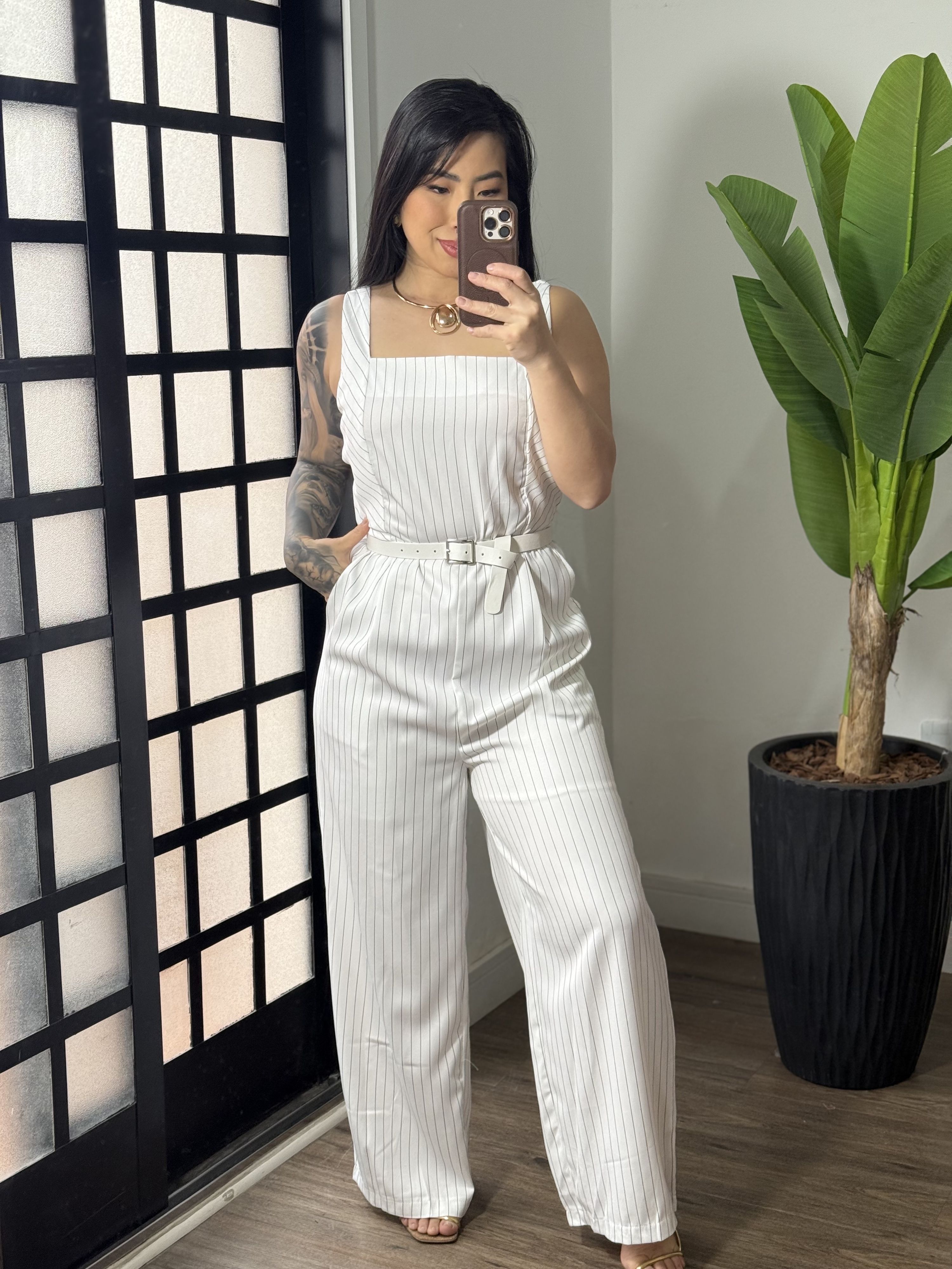 Macacão Risca de Giz Yara 21652 - Branco 