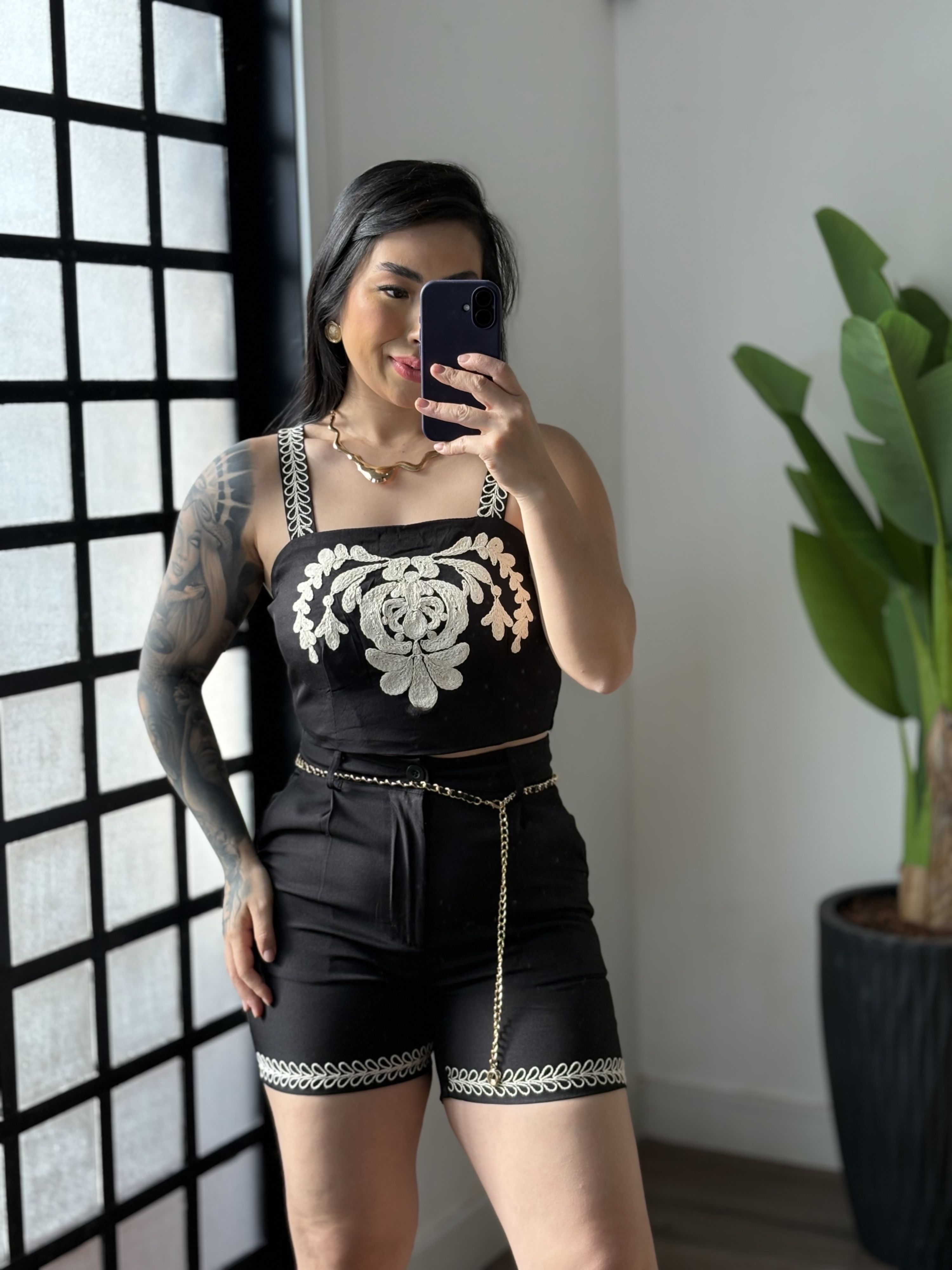 Conjunto Shorts Bordado Donna 552 - Preto 