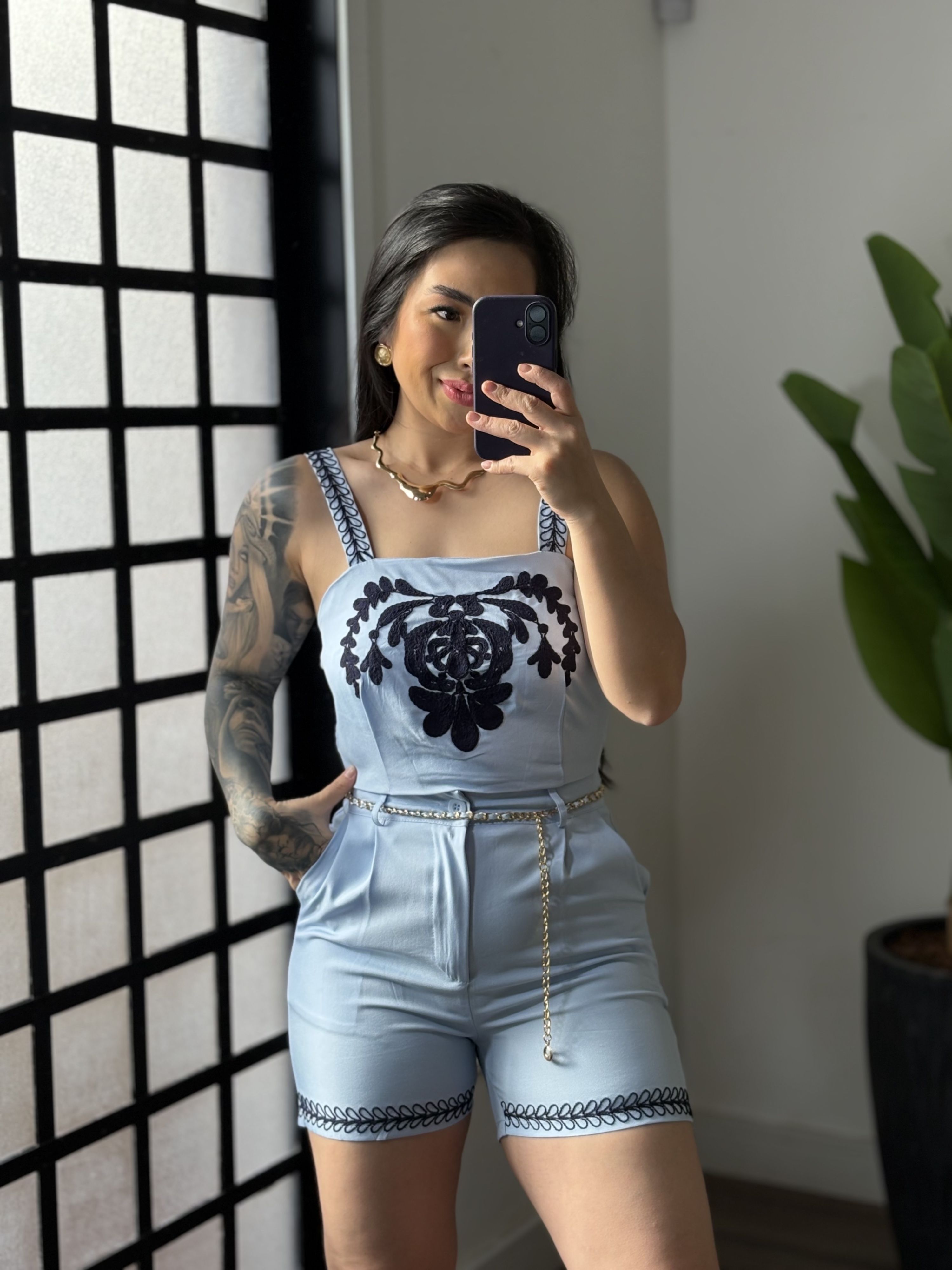 Conjunto Shorts Bordado Donna 552 - Azul 