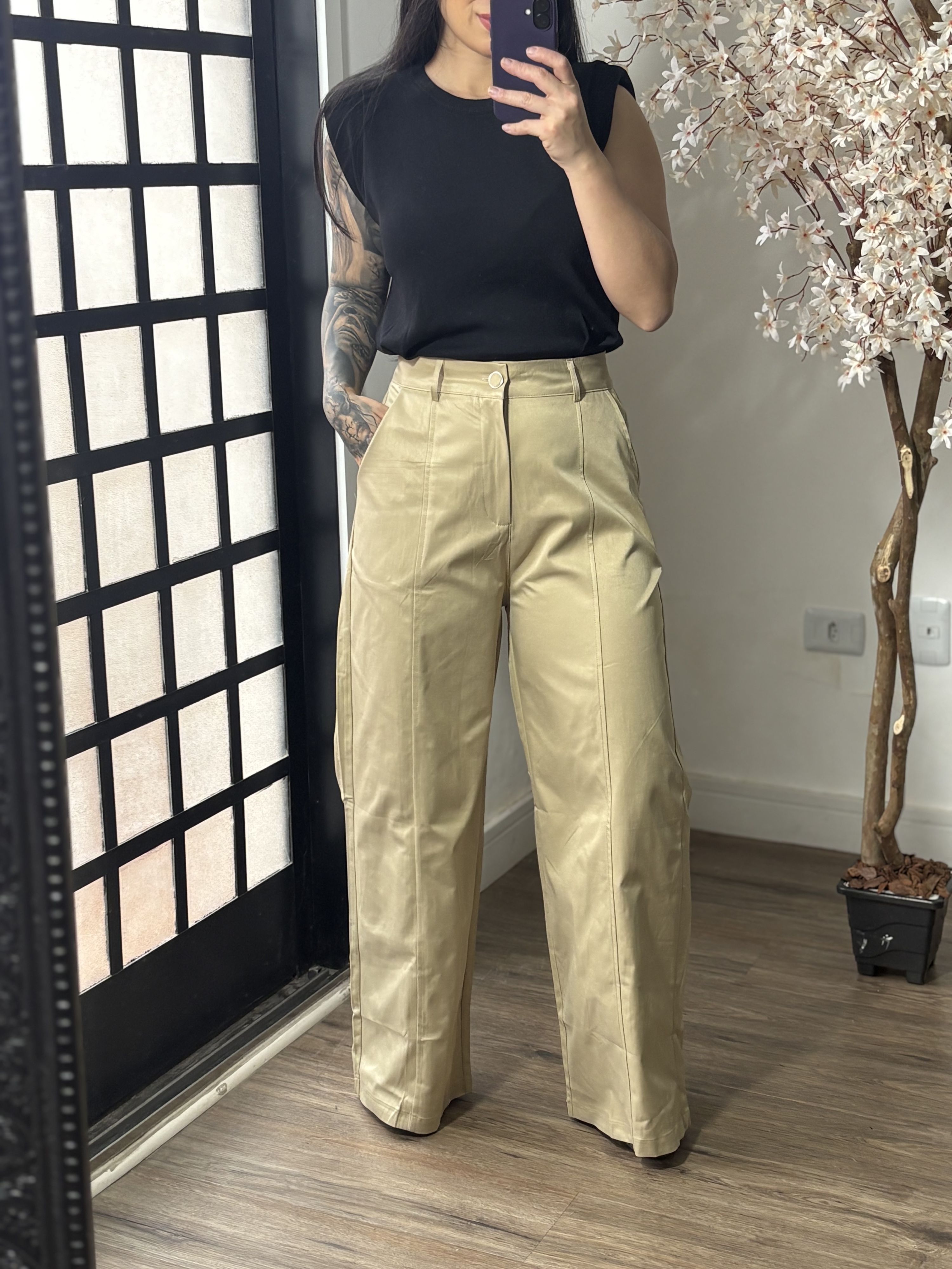 Calça Pantalona Acetinada Plus Size Aura 1185 - Bege C065