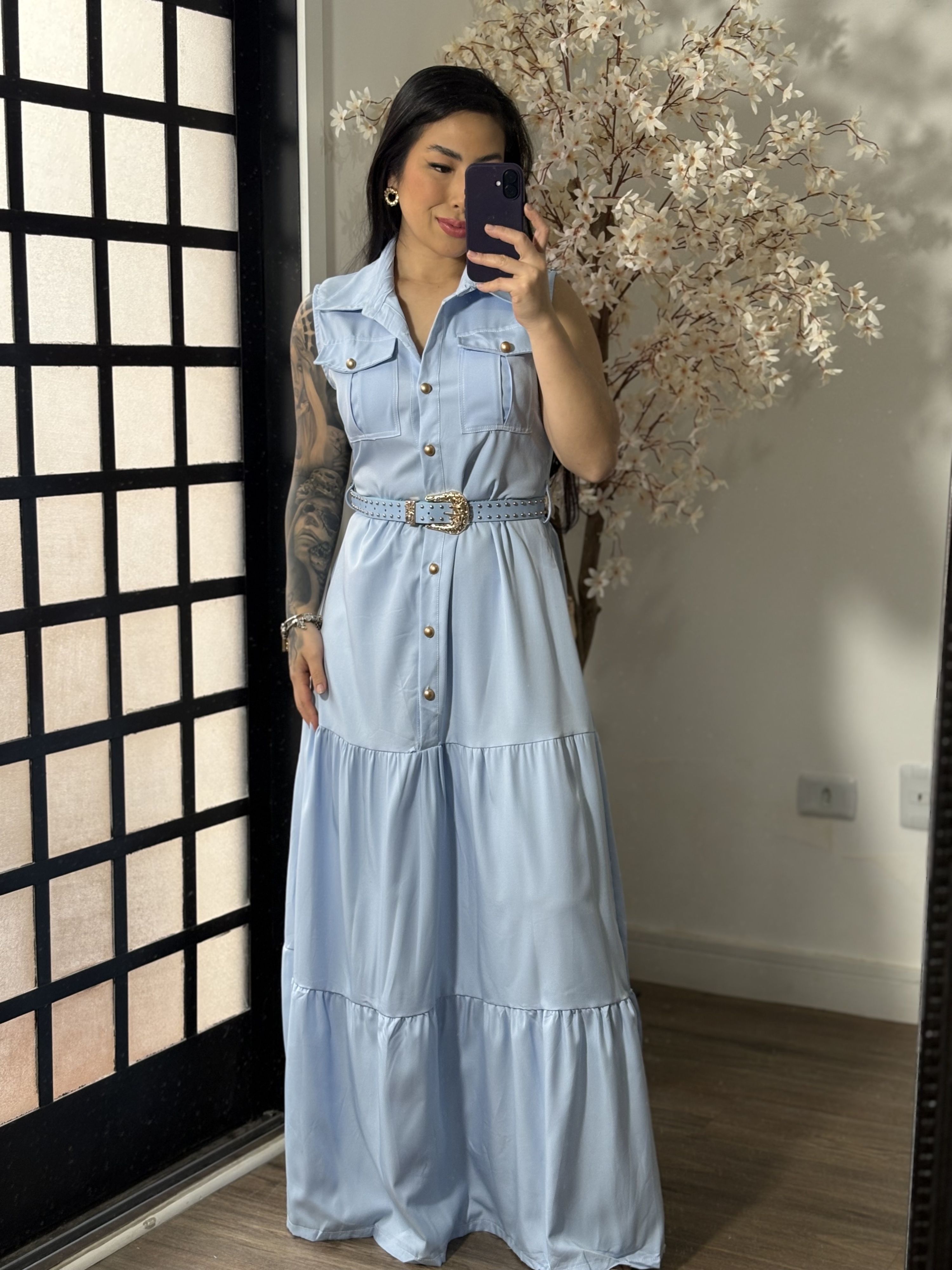 Vestido Longo com Cinto Emilly 025 - Azul Claro C062