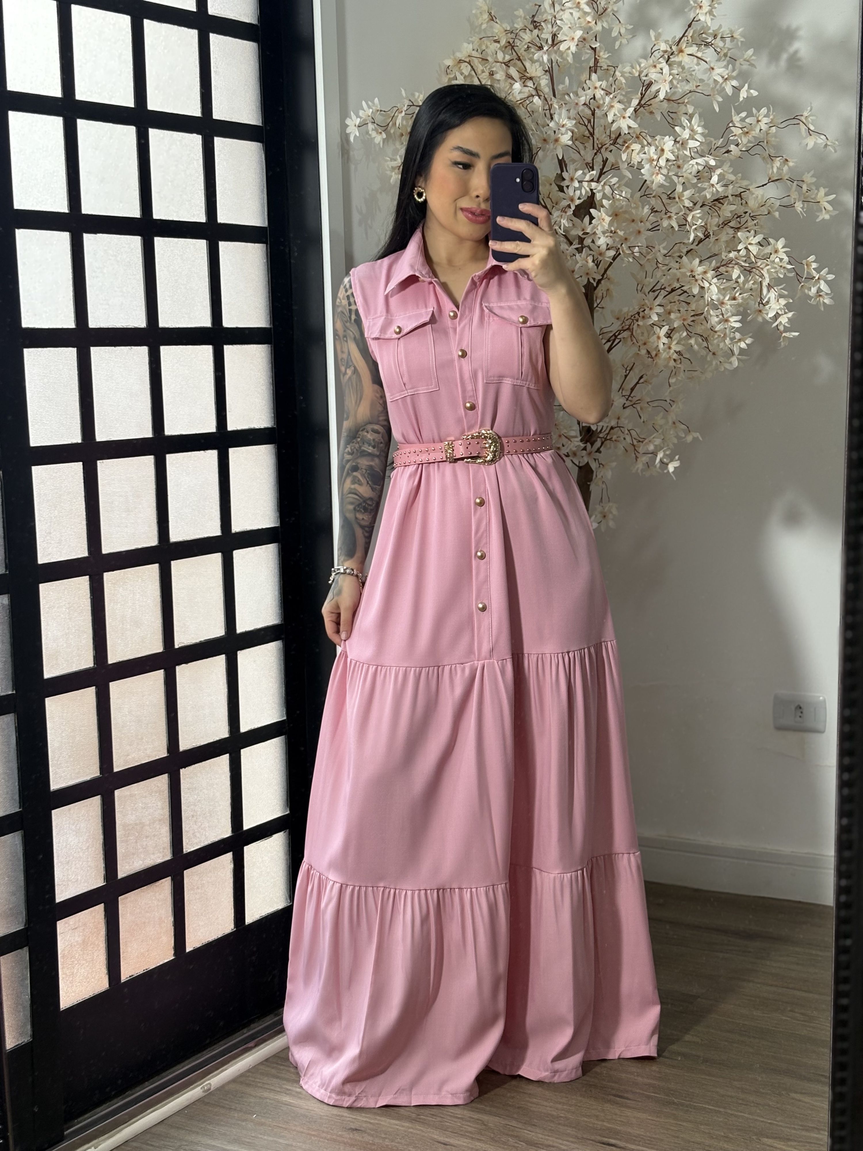 Vestido Longo com Cinto Emilly 025 - Rosa C062