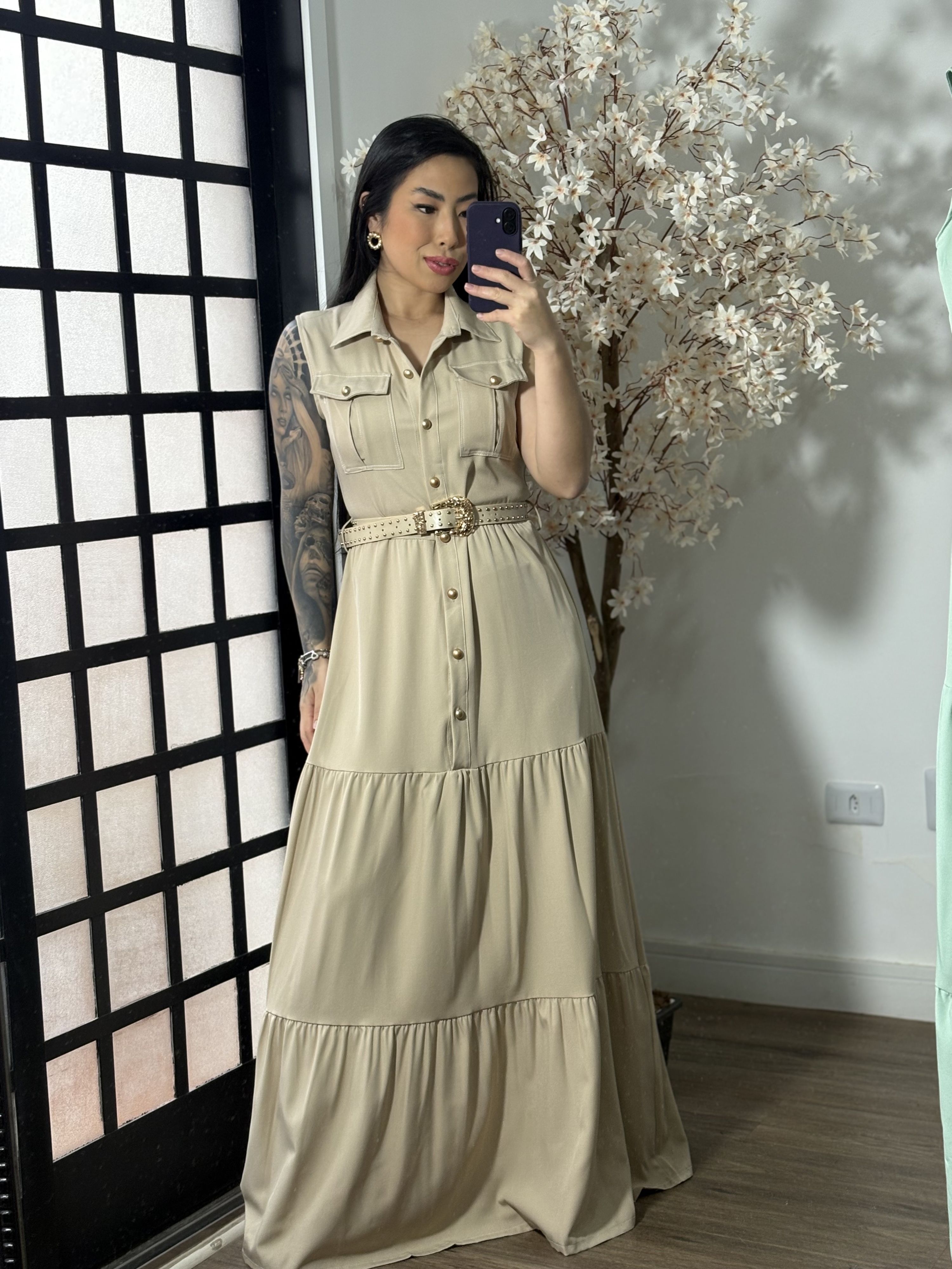 Vestido Longo com Cinto Emilly 025 - Bege C062