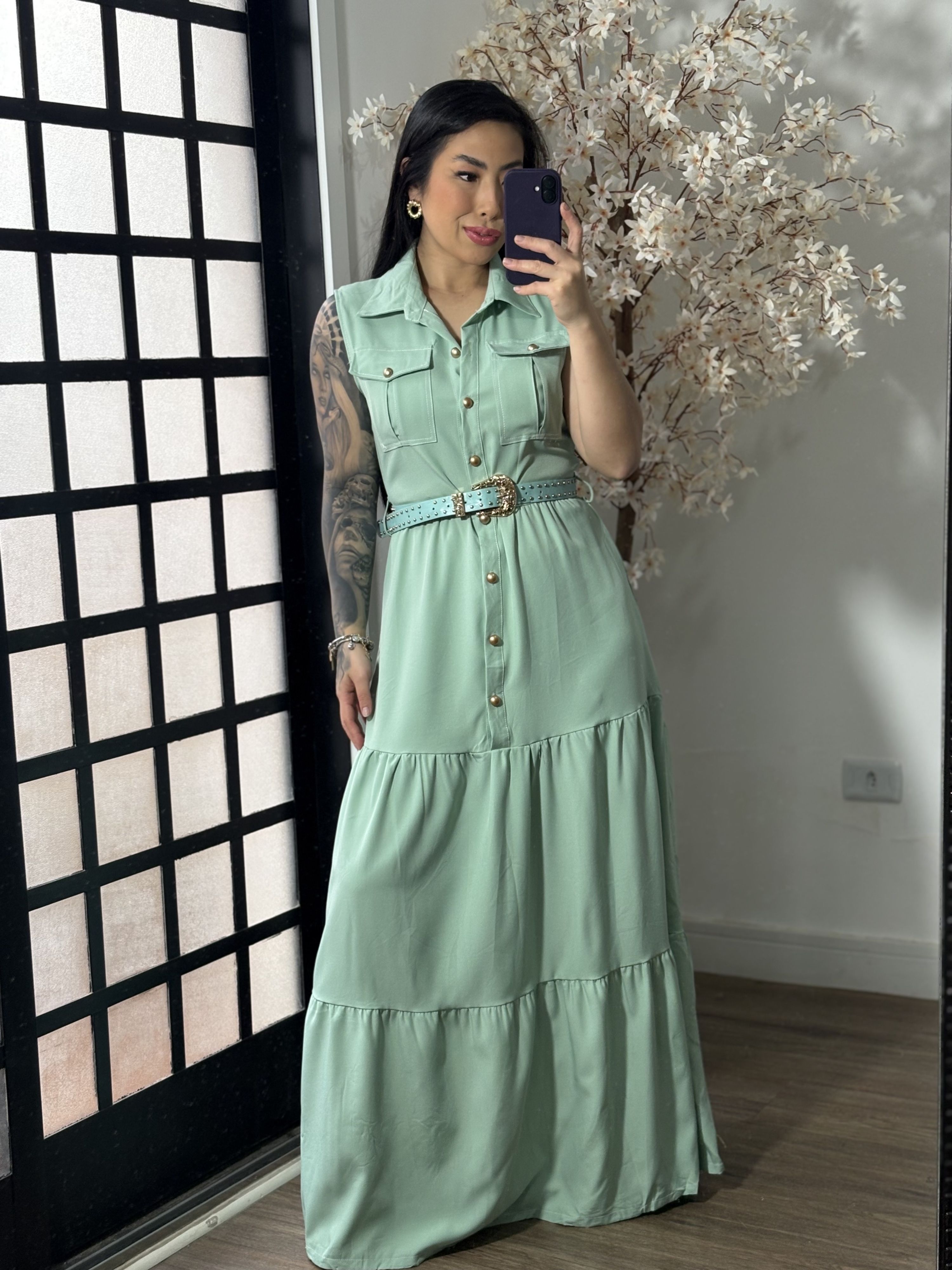 Vestido Longo com Cinto Emilly 025 - Verde C062