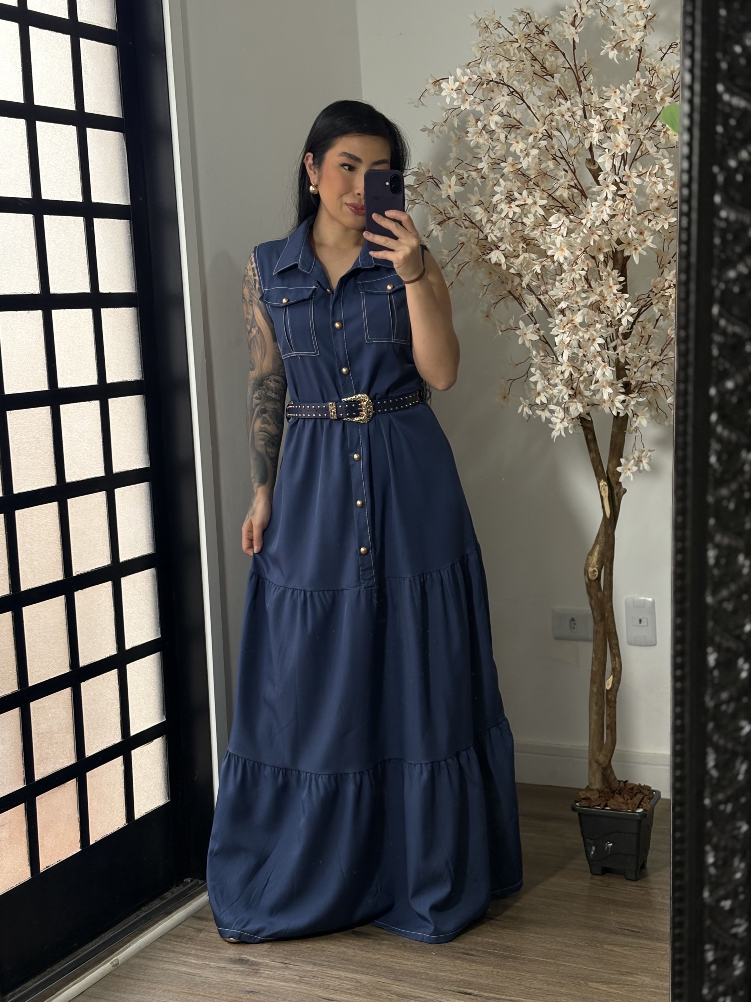 Vestido longo com Cinto Emilly 025 - Azul Marinho C062