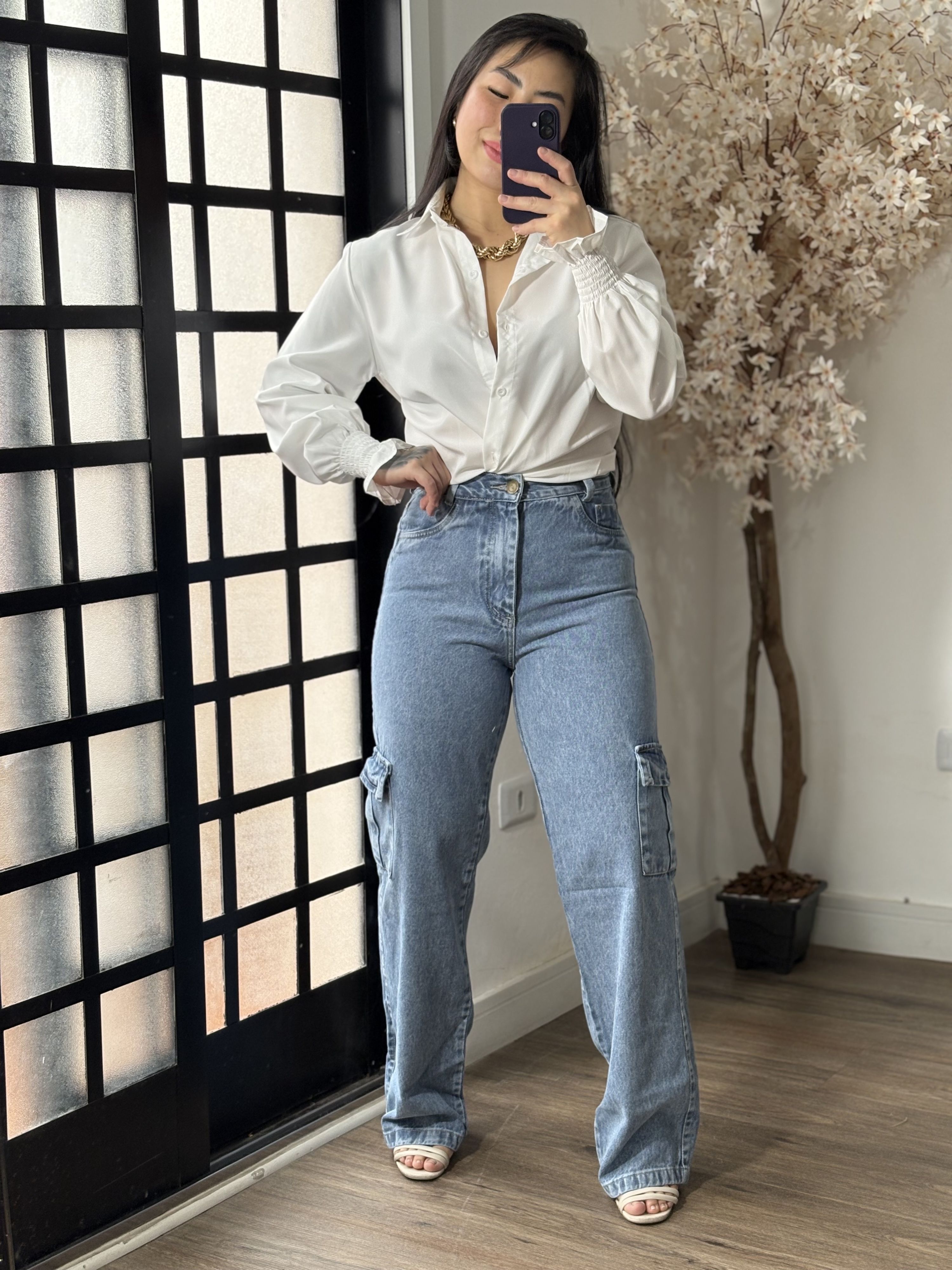 Calça Jeans Wide Leg Cargo 1459 C109