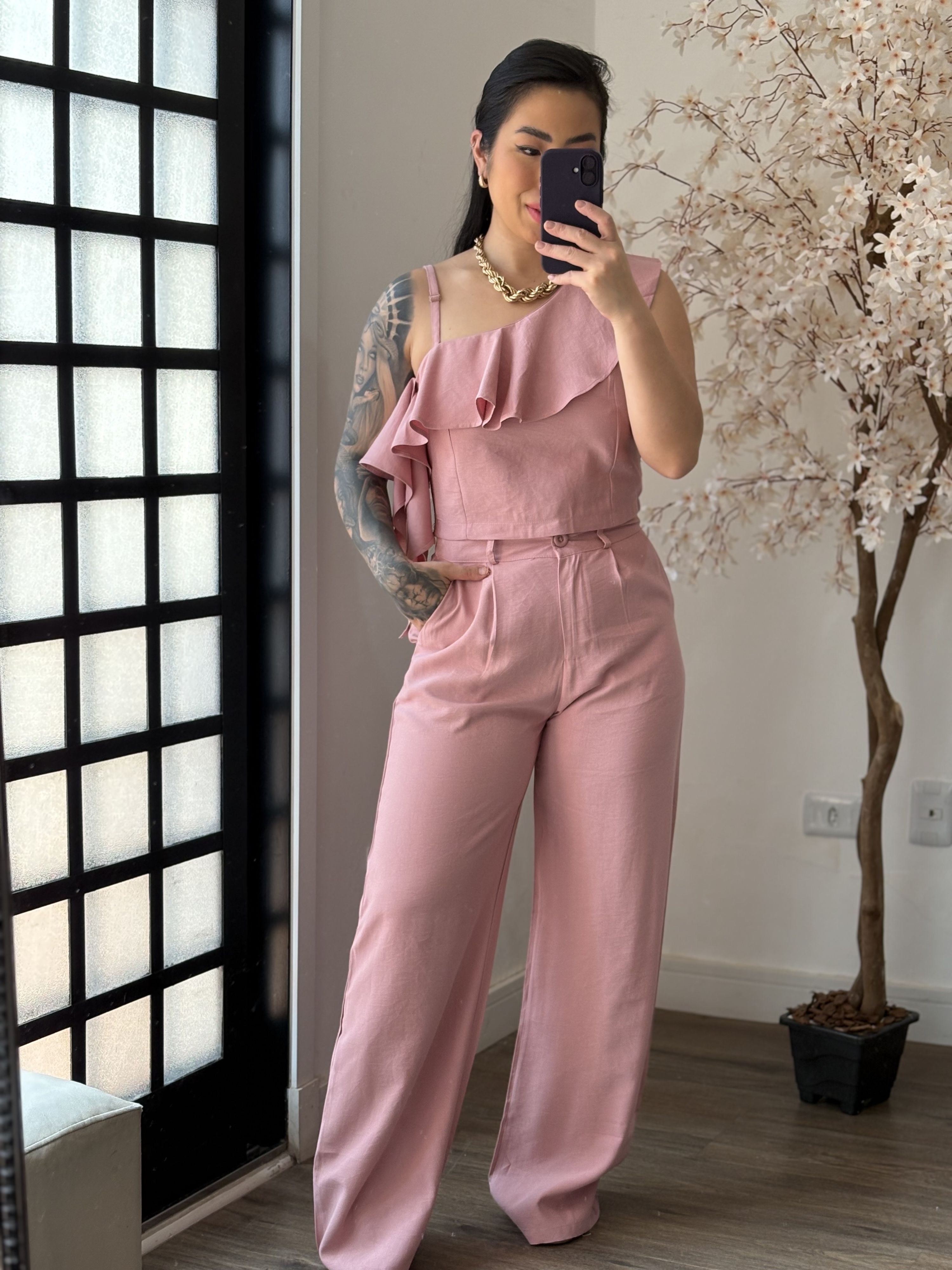 Conjunto Pantalona Babado Maria Liz Y493 - Rosa Qu...