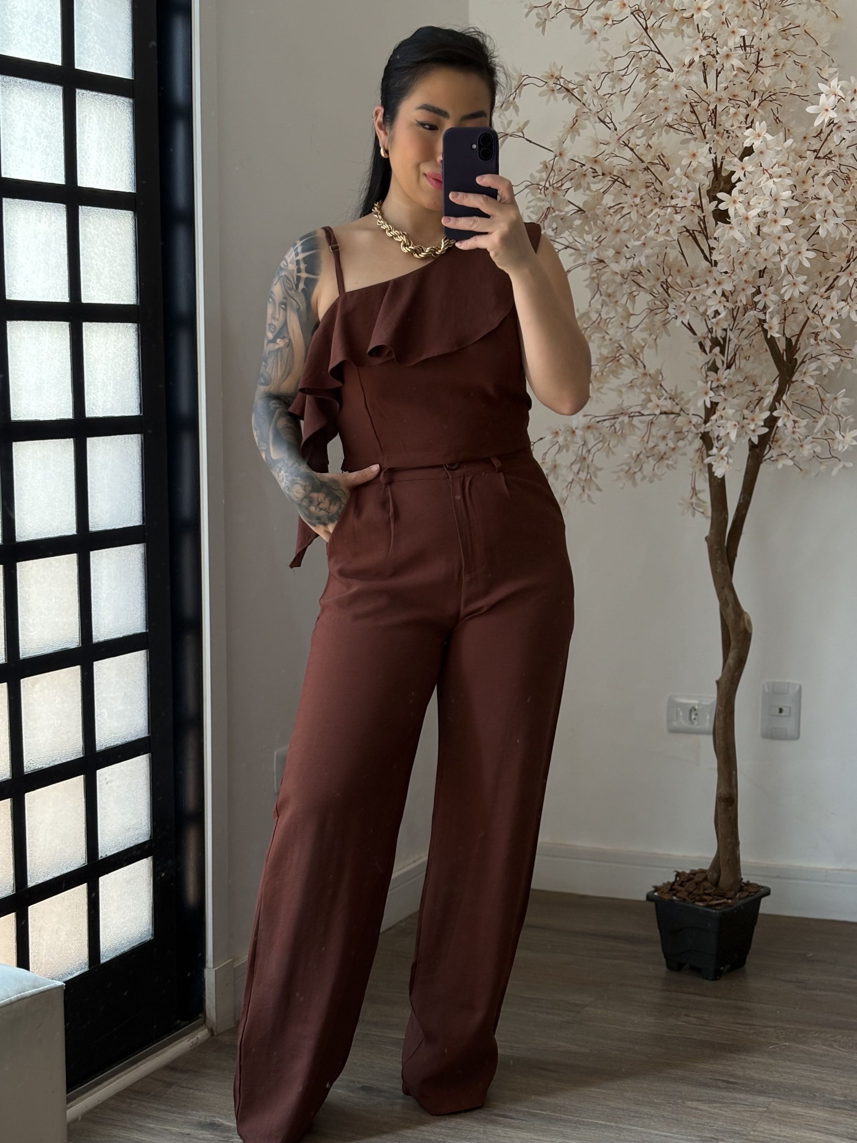 Conjunto Pantalona Babado Maria Liz Y493 - Marrom ...