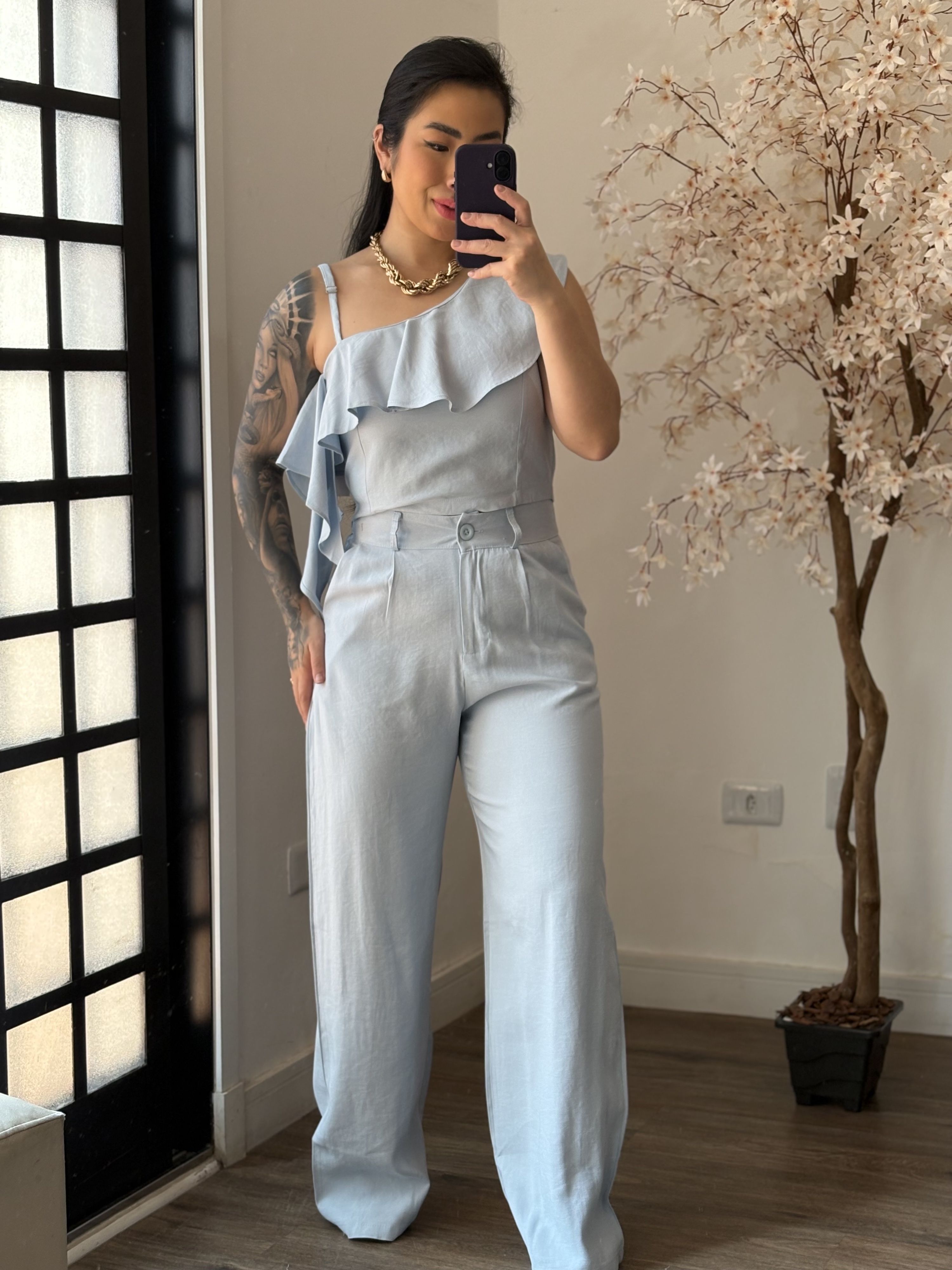 Conjunto Pantalona Babado Maria Liz Y493 - Azul Cl...